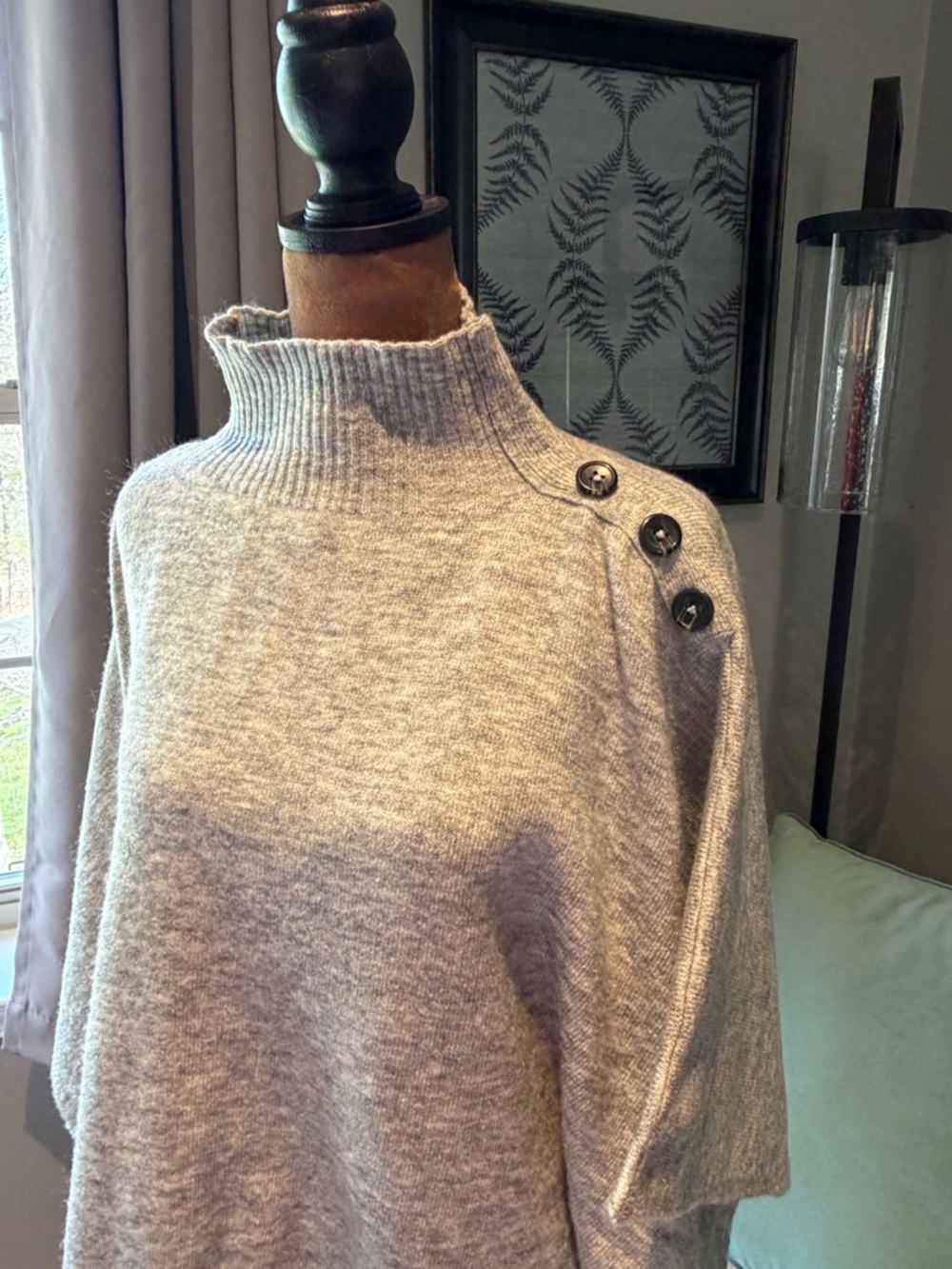 LOFT Gray Button-Shoulder Poncho Sweater - Picture 2 of 3